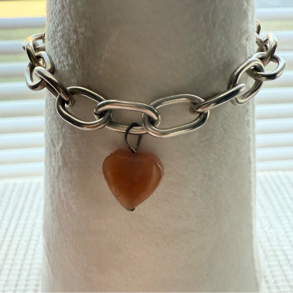 Sterling Silver Link Bracelet with Carnelian Heart Charm 7”